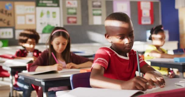 Портрет Африканского Американского Школьника Сидящего Классе Делающего Заметки Смотрящего Камеру — стоковое видео