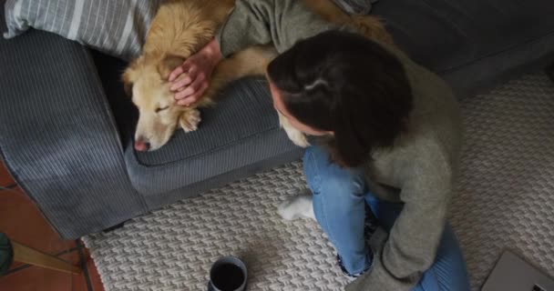 Mulher Branca Sorridente Acariciando Seu Cão Estimação Sofá Lado Dela — Vídeo de Stock