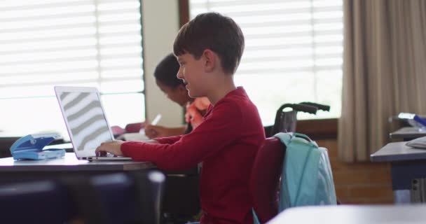 Портрет Різноманітних Школярів Сидять Затишку Використовуючи Ноутбук Дивлячись Камеру Посміхаючись — стокове відео