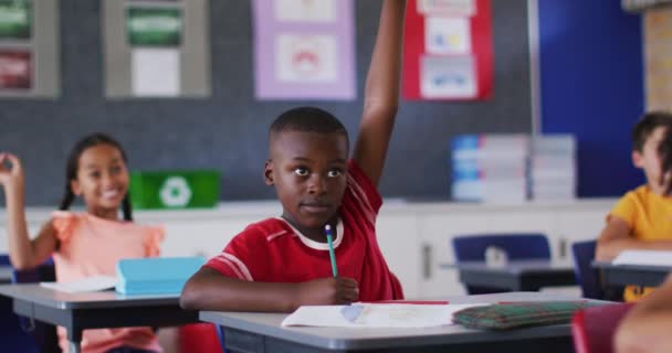 Diverse Scholieren Klas Steken Hand Vragen Beantwoorden Tijdens Les Kinderen — Stockvideo