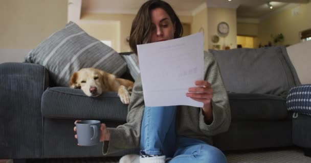 白人女性は書類を読んでいて 隣のソファでペットの犬と一緒に家で働いていました ペットの友情国内生活家庭の概念から — ストック動画