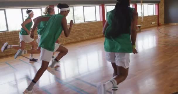 多様な女子バスケットボールチームがスポーツウェアを着て走ります バスケットボール室内裁判所でのスポーツトレーニング — ストック動画