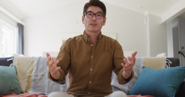 Homem Asiático Trabalhando Casa Sentado Sofá Fazendo Videochamada Conversando Gesticulando — Vídeo de Stock