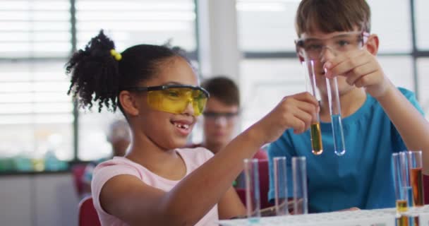 Diverse Race Schoolchildren Wearing Protective Glasses Holding Test Tubes Chemistry — Stock Video