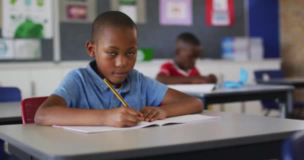 教室に座ってノートを作りカメラを見ながら幸せなアフリカ系アメリカ人の少年の肖像画 小学校の子供たちは — ストック動画