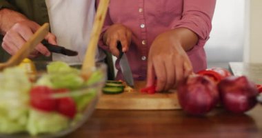 Midsection of diverse couple preparing food together in kitchen, chopping vegetables for salad. spending free time together at home.
