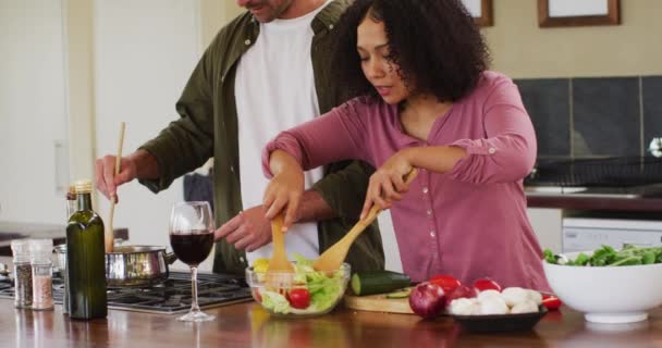 Happy Diverse Couple Preparing Meal Together Kitchen Stirring Pan Tossing — Video