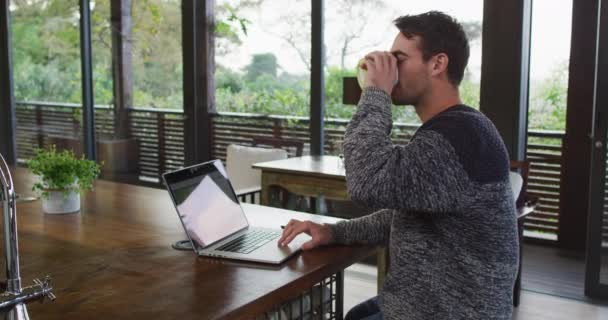 Homem Caucasiano Trabalhando Casa Usando Laptop Beber Café Sala Jantar — Vídeo de Stock