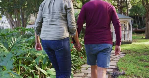 幸せなシニア白人カップル手を取り合って 庭を歩くのリアビュー 家庭での幸せな健康的な退職生活 — ストック動画