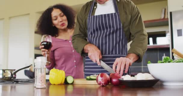 Feliz Pareja Diversa Preparando Comida Juntos Cocina Hombre Cortar Verduras — Vídeo de stock