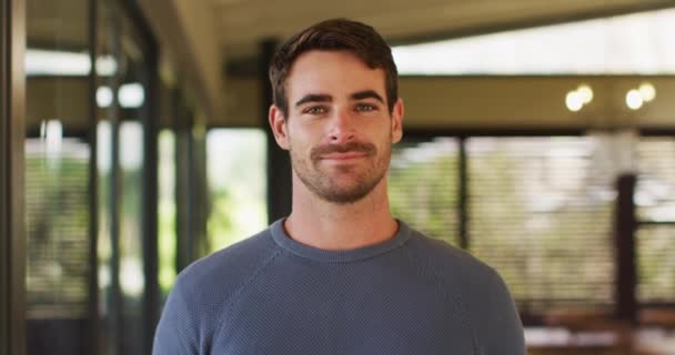 Retrato Hombre Caucásico Feliz Sala Estar Sonriendo Cámara Pasar Tiempo — Vídeo de stock