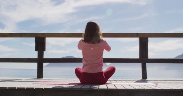 Visão Traseira Mulher Raça Mista Praticando Ioga Livre Sentado Meditando — Vídeo de Stock