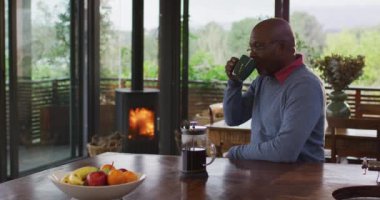 Afro-Amerikan son sınıf öğrencisi kırsal manzaralı mutfakta oturmuş bir fincan kahve içiyor. Emeklilik hayatı, evde yalnız zaman geçirmek..