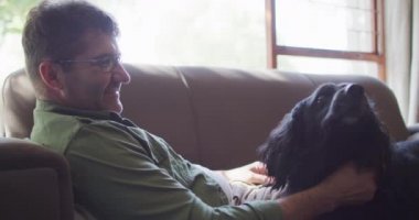 Beyaz adam kanepede oturuyor, köpekleri okşuyor, evde gülümsüyor. ev hayatı ve boş zaman kavramı.