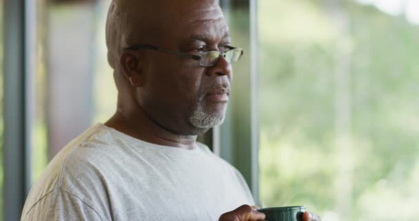 Nachdenklicher Afrikanisch Amerikanischer Senior Der Eine Tasse Kaffee Trinkt Und — Stockvideo