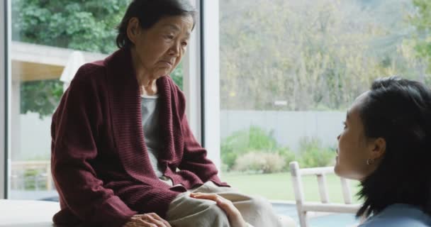 Uśmiechnięta Azjatycka Fizjoterapeutka Lecząca Kolano Starszej Pacjentki Rozmawiająca Podczas Operacji — Wideo stockowe