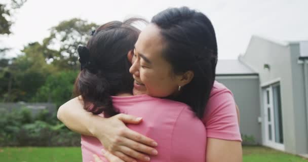 Feliz Madre Asiática Hija Adulta Abrazando Chocando Los Cinco Jardín — Vídeo de stock