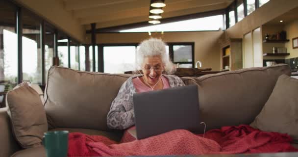 Mulher Raça Mista Sênior Sentada Sofá Com Videochamada Usando Laptop — Vídeo de Stock