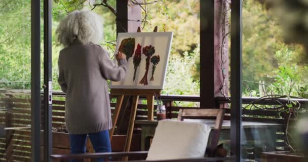 Sénior Mestiço Mulher Pintura Varanda Aposentadoria Estilo Vida Sênior Passar — Vídeo de Stock