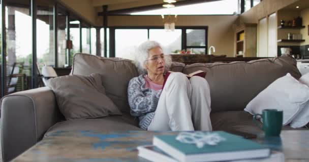 高级混血儿坐在沙发上看书 退休和老年生活方式 独自呆在家里 — 图库视频影像