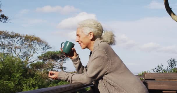 Porträt Einer Älteren Frau Mit Gemischter Rasse Die Einen Becher — Stockvideo