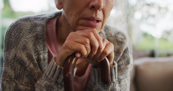 Donna Razza Mista Anziana Appoggiata Bastone Passeggio Pensiero Pensionamento Stile — Video Stock