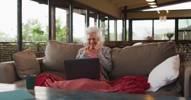 Starsza Mieszanka Kobiet Rasy Siedzi Kanapie Rozmawia Przez Laptopa Emerytura — Wideo stockowe
