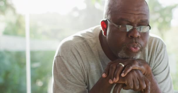 Πορτρέτο Ενός Σκεπτόμενου Αφροαμερικανού Πρεσβύτερου Που Κάθεται Πάνω Μπαστούνι Συνταξιοδότηση — Αρχείο Βίντεο