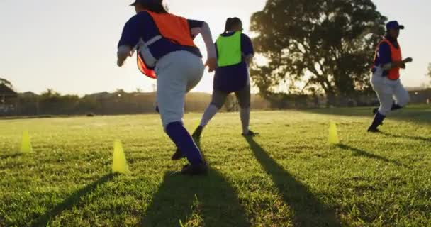 Grupo Diverso Jogadoras Beisebol Exercitando Campo Correndo Entre Cones Time — Vídeo de Stock