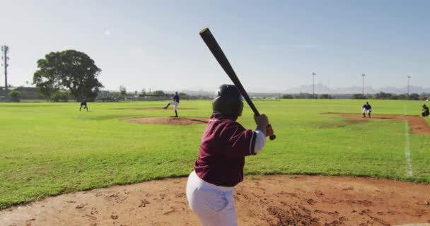 Diverse Group Female Baseball Players Playing Field Hitter Swinging Pitched — Stock Video