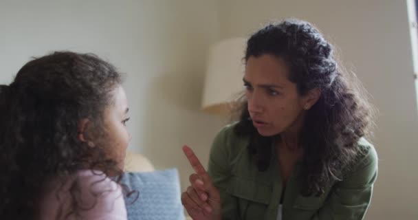 Mixed Race Mother Advising Her Daughter Sofa Living Room Domestic — Stock Video