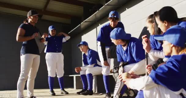 Різноманітна Група Бейсболісток Тренер Тренер Навчає Гравців Лавці Жіноча Бейсбольна — стокове відео