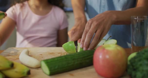 Anne Kız Melezleri Mutfakta Birlikte Yemek Pişiriyorlar Hayatı Aile Eğlence — Stok video