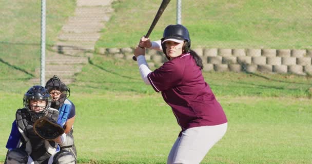 Diverse Group Female Baseball Players Playing Field Hitter Swinging Pitched — Stock Video