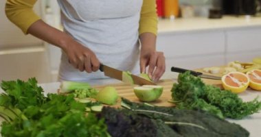 Sağlıklı içecek hazırlayan, meyve ve sebze kesen melez bir kadın. ev hayatı, kaliteli boş zaman geçirmek evde dinlenmek..