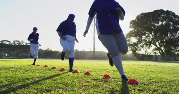 Diverse Groep Vrouwelijke Honkbalspelers Oefenen Zonnige Toonhoogte Hoge Stepping Kegels — Stockvideo