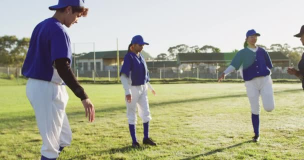 Különböző Női Baseball Játékosok Edző Bemelegítés Pályán Álló Kinyújtott Lábak — Stock videók