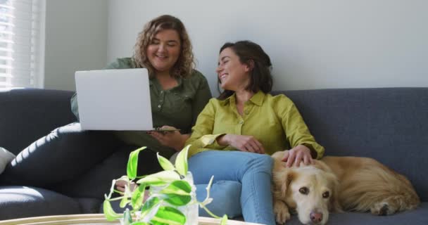 Casal Lésbico Caucasiano Usando Laptop Sentado Sofá Com Cão Vida — Vídeo de Stock