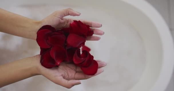 Sección Media Mujer Raza Mixta Tomando Baño Con Pétalos Rosa — Vídeo de stock