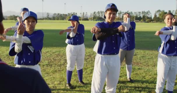 Різноманітна Група Бейсболісток Тренер Висоті Розігрівання Розтягування Рук Жіноча Бейсбольна — стокове відео