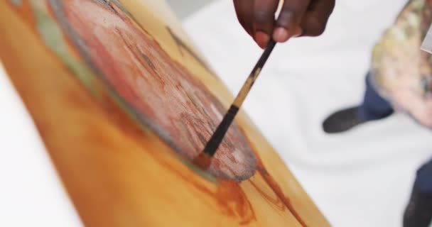 Vue Aérienne Peinture Artiste Masculin Sur Toile Regardant Photo Atelier — Video