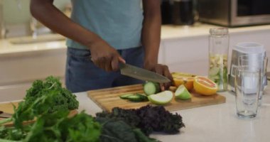 Afro-Amerikan çekici kadının orta kesimi mutfakta meyve suyu için sebze doğruyor. evde sağlıklı beslenme ve yaşam tarzı.