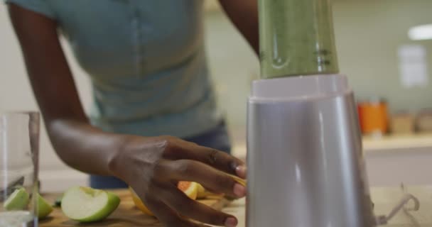 Handen Van Afro Amerikaanse Aantrekkelijke Vrouw Mengen Ingrediënten Voor Smoothie — Stockvideo