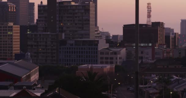 Общий Вид Городского Пейзажа Несколькими Высокими Небоскребами Зданиями Закате Панорама — стоковое видео
