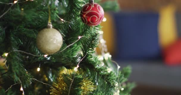 Çinde Mücevherler Bulanık Arka Planda Süslemeler Olan Noel Ağacı Videosu — Stok video