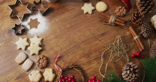 Videó Karácsonyi Dekorációk Cookie Kat Másolja Helyet Háttér Karácsony Hagyomány — Stock videók
