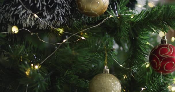 Video Albero Natale Con Bagattelle Decorazioni Fata Luci Sfondo Sfocato — Video Stock