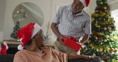 Mutlu Afro-Amerikan kıdemli çiftin Noel zamanı hediyelerle paylaşımının animasyonu. Noel, şenlik ve evde gelenek.