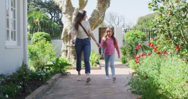 Happy Caucasian Mother Daughter Walking Having Fun Family Time Spending — Stock Video