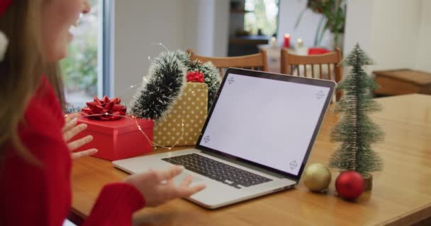 Caucasian Woman Wearing Santa Hat Making Video Call Home Laptop — Stock Video